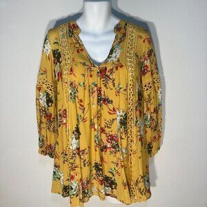 CBOCS SZ S Mustard colored floral long sleeve lace trimmed tent dress or tunic